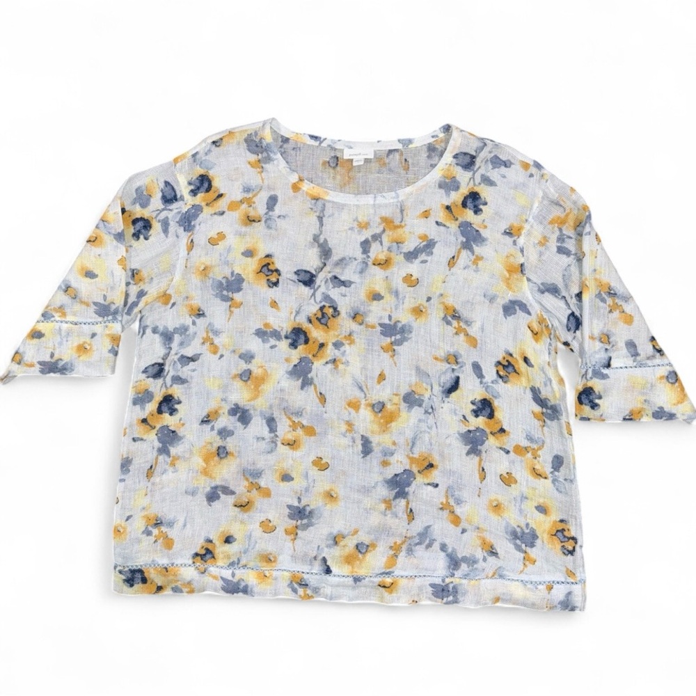 J Jill Pure Jill Linen Airy Weave Floral Watercolor Blouse Top Size L Sheer Boho